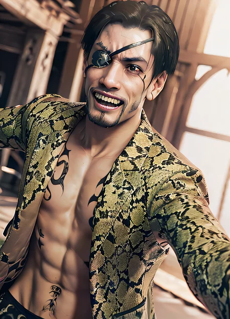 (SFW,8k, RAW photo, best quality, masterpiece:1.2),(realistic, photo-realistic:1.37),1 mature man ,(((fighting pose,black hair,crazy smile,front facing,wearing a snake jacket, strong phisique))), facial close-up <hypernet:goro:1>