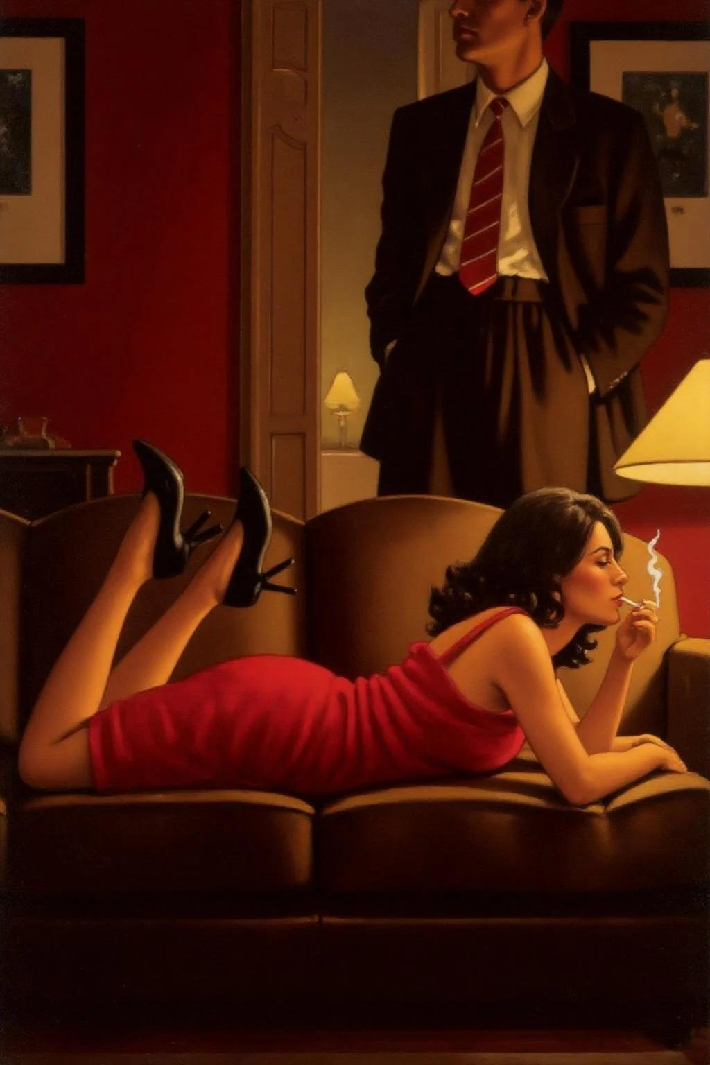 jackvettriano1 painting.
A woman in a red dress lying on her stomach on a brown couch, smoking. She is wearing black high-heeled shoes. A lit lamp is on a side table on the right. Behind the couch, a man in a suit with a white shirt and red-striped tie is standing. The background is a red wall with framed pictures. <lora:jackvettriano1_cap_d8a4e12:1.0><lora:851765564232757708:0>