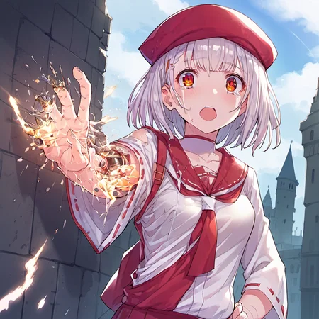 detailed eyes, anime, 2d, eyes, score_9_up, score_8_up, score_7_up,
(crumbling castle, fallen walls, shattered thrones, echoes of royalty:1.1),
1girl,solo,breasts,open mouth, Standing with one arm reaching to the side,
mechabare,severed limb,damaged,amputee,broken,android,guro,
(miko outfit:1.1) ,
sneakers,
short hair,white hair, tears,
<lora:mechabareXL-000018:1> <lora:Serin199-v2-PDXL:0.5> <lora:j7w_pdxl2:0.4>