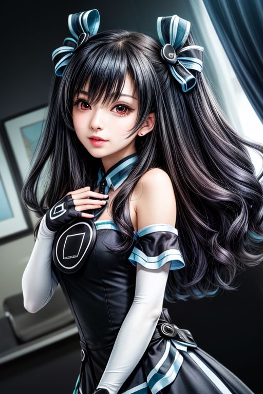 score_9, score_8_up, score_7_up, score_6_up, score_5, score_4, masterpiece, best quality, high resolution, highly detailed, perfect lighting, 1girl, solo,uni, 1girl, solo, red eyes, black hair, long hair, two side up, hair between eyes, hair ribbon, black dress, sleeveless dress, ribbon, bare shoulders, black gloves, elbow gloves, fingerless gloves, looking at viewer