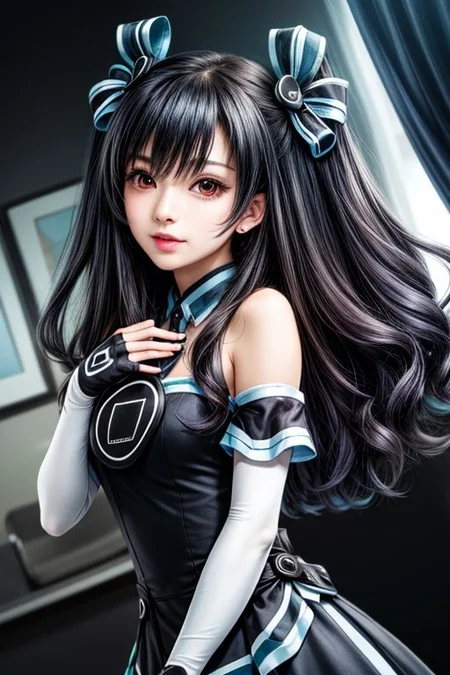 score_9, score_8_up, score_7_up, score_6_up, score_5, score_4, masterpiece, best quality, high resolution, highly detailed, perfect lighting, 1girl, solo,uni, 1girl, solo, red eyes, black hair, long hair, two side up, hair between eyes, hair ribbon, black dress, sleeveless dress, ribbon, bare shoulders, black gloves, elbow gloves, fingerless gloves, looking at viewer
