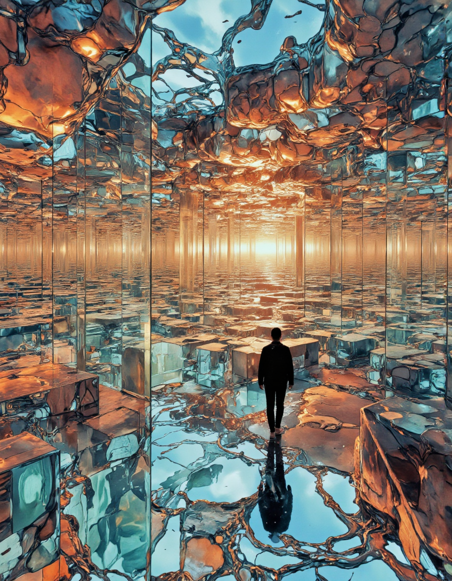 An enormous labyrinth of glass stretches into the horizon, its walls shifting and twisting like liquid. The sun refracts through the maze, creating impossible illusions. A lone wanderer steps inside, unaware that the reflections are watchingâand they are not all friendly."