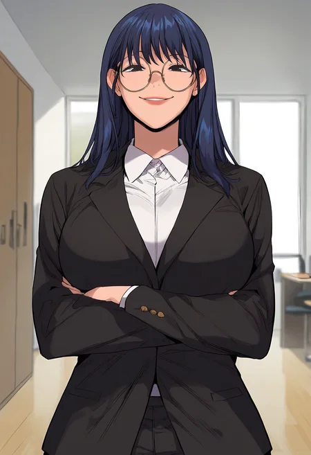 score_9, score_8_up, score_7_up, score_6_up, source_anime, rating_explicit, 1girl, (solo:1.1), huge breasts,<lora:Lim Hanlim prefectPonyxl:0.9> blue hair, round eyewear, long hair, brown hair, black eyes, brown eyes, black jacket, white shirt, collared shirt, long sleeves, black pants, smile, office room, indoors, looking at viewer, crossed arms, close-up