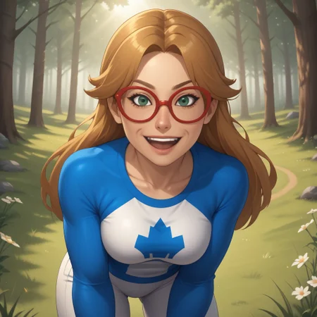 score_9, score_8, BREAK, solo, wii, mii, wii sports, 1girl, female mii, green eyes, dark blonde hair, brown eyebrows, red glasses, open mouth, dark blue clothing, white pants, flip flops, nintendo mii, modern_mii, classic_mii, breasts, ashley_(wii_sports), cute, sexy pose, smile, outdoors, sunlight, shadows, evening lighting, natural lighting, forest, trees, grass, orange sky, sunset