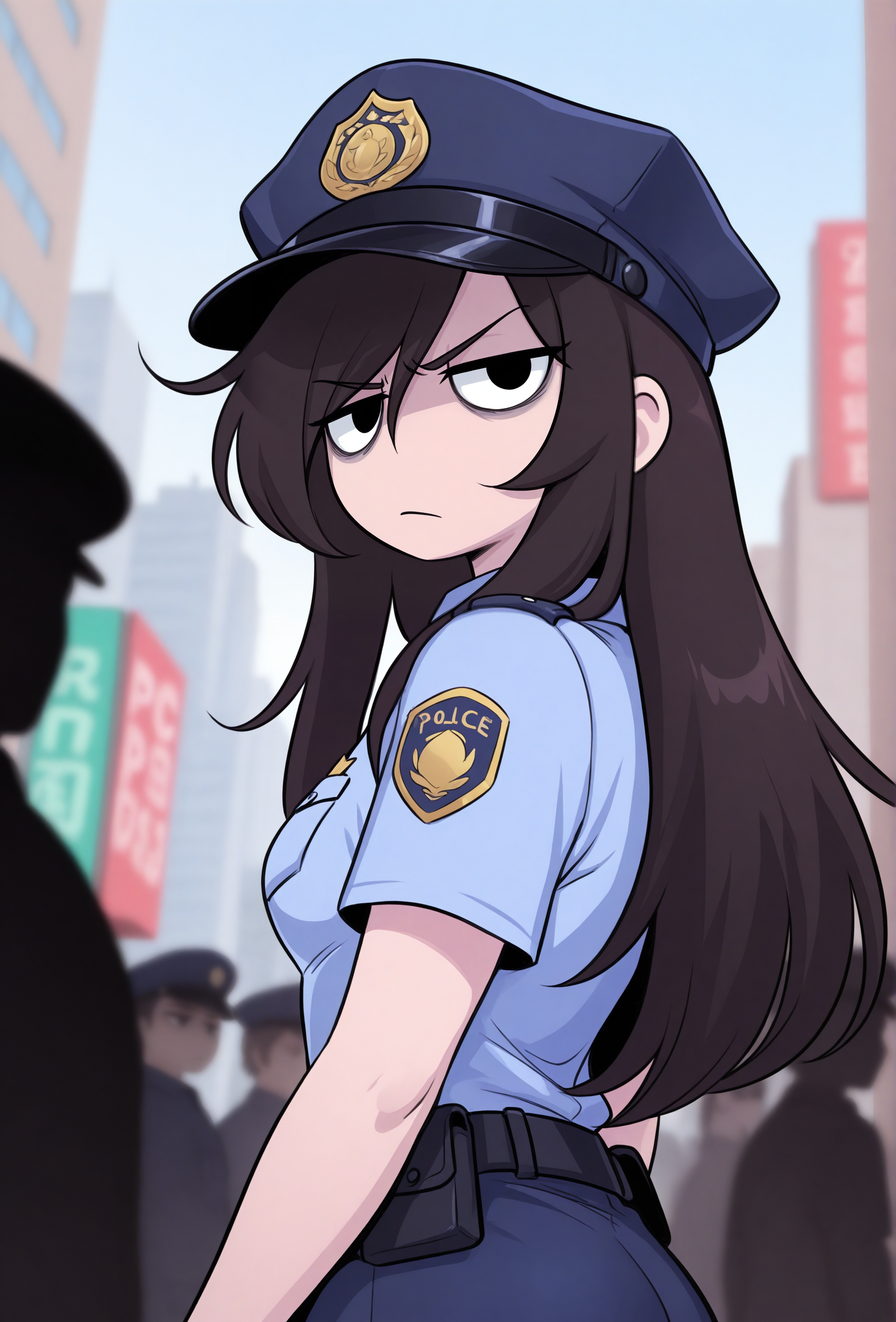 masterpiece,best quality,amazing quality, <lora:rosemary_cabronpr_illustrious_v1f:0.75> rosemary, 1girl, solo, black eyes, no nose, long hair, bags under eyes, v-shaped eyebrows, jitome, police hat, looking at viewer, BREAK
(depth of field:1.3), police woman, police uniform, city, people, silhouette, low angle, <lora:glacierclear_style_illustrious_v1.4f:0.6> gclearstyle