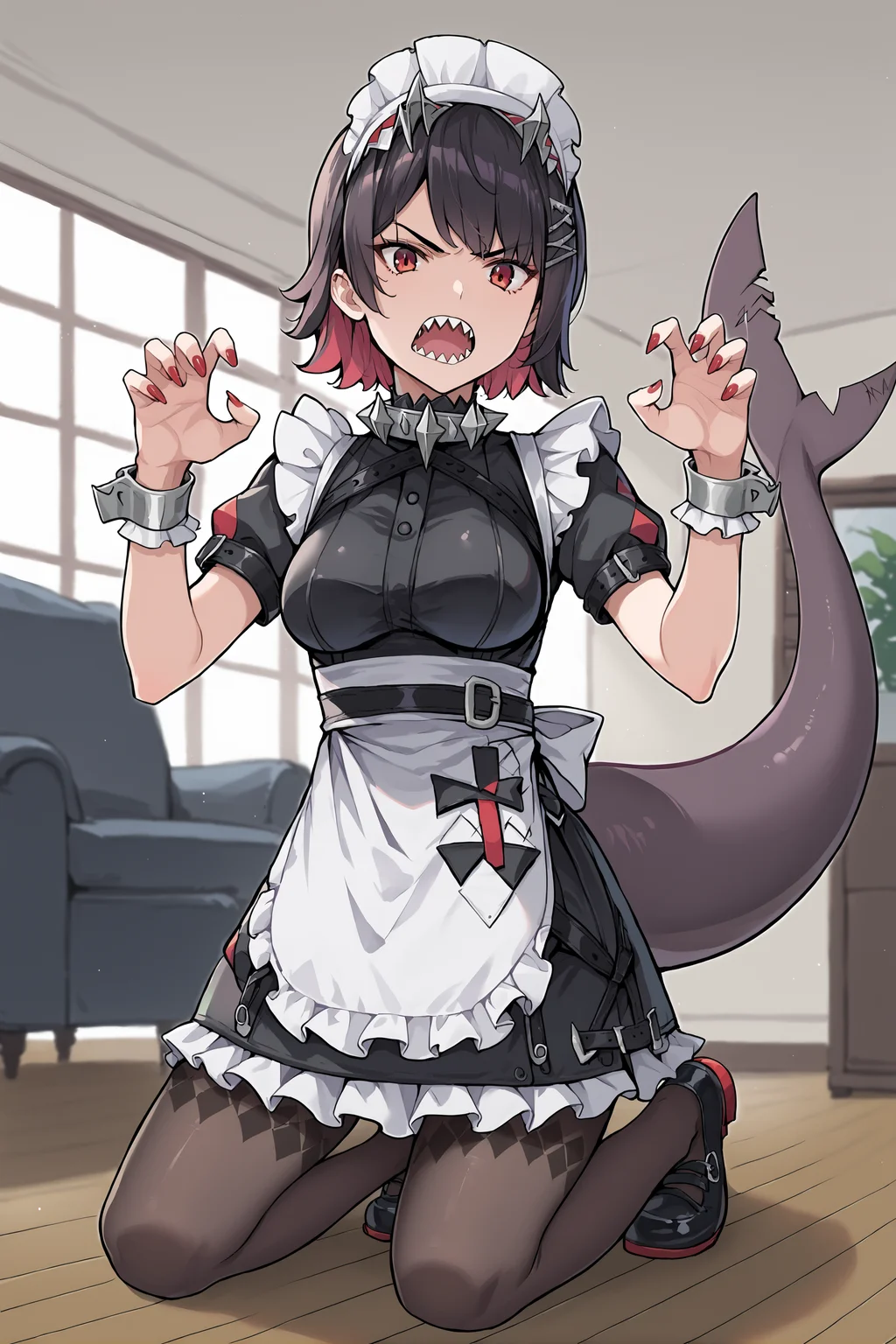 score_9, score_8_up, score_7_up, source_anime, 1girl, ellen joe, solo, hairclip, argyle pantyhose, red nails, black footwear, maid headdress, maid apron, wrist cuffs, maid dress, shark tail, spiked collar, looking at viewer, angry, open mouth, sharp teeth, claw pose, indoors, living room, depth of field, kneeling, full body <lora:Char-ZZZ-EllenJoe-pony-V1:0.8> <lora:style-nora_higuma:0.4> <lora:style-merrytail:0.4>