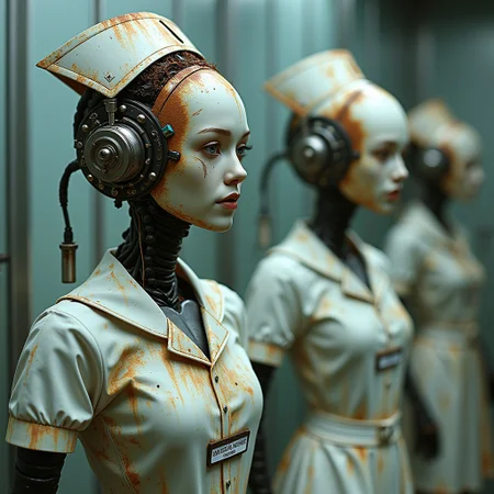 retrofuturistic androids in bizarre nurse-style outfits, their rusted heads revealing circuitry and mechanical parts spilling out, set against a sterile, cold metallic environment. The android bodies are both mechanical and decayed, with heavy rust and glitching electronics. Each android has a worn nameplate on their chest displaying: "Sanctuary of the Mentally Insane".
The aesthetic is surreal, blending cyberpunk dystopia and mechanical decay, utilizing intricate linework and metallic textures.
Style elements draw from industrial design, surreal futurism, and intricate mechanical detailing, rusted decay.
Incorporating the theme of 1970s-80s psychiatry, with elements such as outdated, cold treatment rooms, harshly lit corridors, and the despair that marked this era of mental health care. The overall image combines bleak clinical scenes with an eerily perfect, yet decayed mechanical aesthetic.