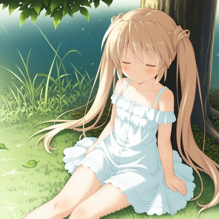 <lora:favorite_art_3_nai_Loha-000106:1.75>,favorite art,
<lora:Nakatsu_Shizuru_1_nai:0.6>,Nakatsu Shizuru,twintails,
white dress,sundress,off-shoulder dress,bare shoulders,bare legs,
1girl,solo,sleeping,smile,front view,under tree,grass,sitting,arms at sides,leaf,wind,