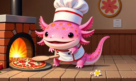 pikaole, axolotl, side view of a pink axolotl in a tiny pizza chefâs outfit, standing by a miniature brick oven with a small pizza paddle, carefully sliding a fresh pepperoni pizza into the oven; its frilly gills show concentration as cheese bubbles on the pizzaâs surface; the warm glow from the oven casts cozy light across the kitchenâs tiled floor and shelves stocked with pizza ingredients, while the tilt-shift effect softly blurs the background, creating a charming, authentic pizzeria atmosphere with a lifelike depth, happy axolotls<lora:Axomodel_Flux_V1.1.safetensors:0.85:0.85> <lora:Pikaole v2 (FLUX)_v2_E6.safetensors:0.75:0.75>
