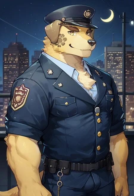 score_9, score_8_up, score_7_up, rating_safe, sfw, source_furry, depth of field, detailed, detailed background, ray tracing, cinematic lighting, reflections, masterpiece, best quality, ultra realistic, <lora:add-detail-xl:1> <lora:p:0.25> <lora:Sinfully_Stylish_1.0_Pony:0.5>,sinfully stylish, dramatic lighting, soft light,anthro,male,male focus, furry, solo, furry male, animal ears, muscular,bara,zPDXL3,upper body,face focus,
<lora:Nobumichi-000010:1> nobumichi,dog boy,thick eyebrows,yellow eyes,yellow fur,face tattoo,police,police uniform,police hat,smile,close up, side view,looking at viewer,outdoor,city night,crescent moon,stars,