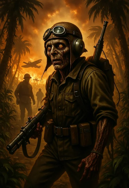 , A hauntingly beautiful cover of the comic book "Zombie Soldier: Echoes of War." The artwork features a zombie decayed World War I soldier, adorned in a vintage pilot's brown leather helmet and goggles, wielding a machine gun. He stands amidst a jungle-like setting, his gaze fixed on an unseen threat in the distance. The background is a fiery, apocalyptic scene, filled with silhouettes of soldiers and aircraft, creating a dark and otherworldly atmosphere, dark fantasy.