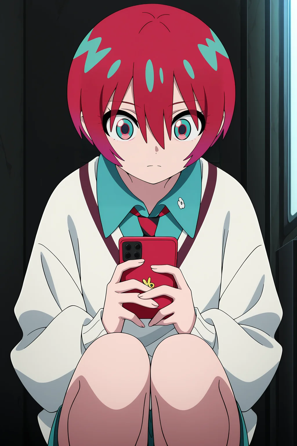 volumetric lighting, official style, amazing quality, ultra detailed, highres, detailed background, anime screenshot, anime screencap, anime coloring, masterpiece, detailed face,1girl <lora:Amate_Yuzuriha__:0.8>Amate_Yuzuriha, solo, red hair, phone, short hair, holding, holding phone, hair between eyes, long sleeves, cellphone, squatting, collared shirt, multicolored hair, shirt, multicolored eyes, bangs, multicolored eyes, closed mouth
