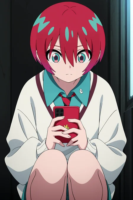 volumetric lighting, official style, amazing quality, ultra detailed, highres, detailed background, anime screenshot, anime screencap, anime coloring, masterpiece, detailed face,1girl  <lora:Amate_Yuzuriha__:0.8>Amate_Yuzuriha, solo, red hair, phone, short hair, holding, holding phone, hair between eyes, long sleeves, cellphone, squatting, collared shirt, multicolored hair, shirt, multicolored eyes, bangs, multicolored eyes, closed mouth
