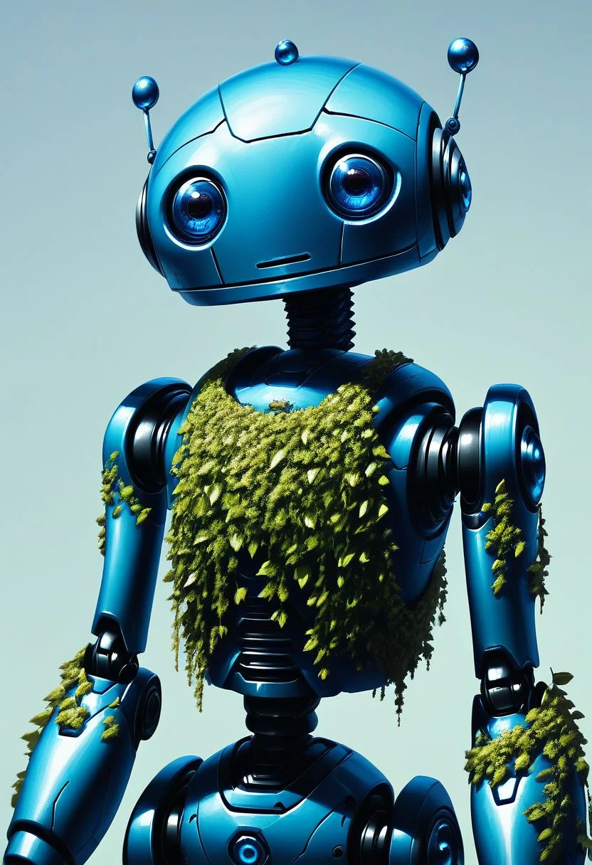 score_9, score_8_up, score_7_up, CivBot, looking at viewer, blue eyes, simple background, upper body, science fiction, joints, straight-on, robot joints, blue robot, CivitAI, C, covered in moss, plants, nature, rust, (moss:1.2),