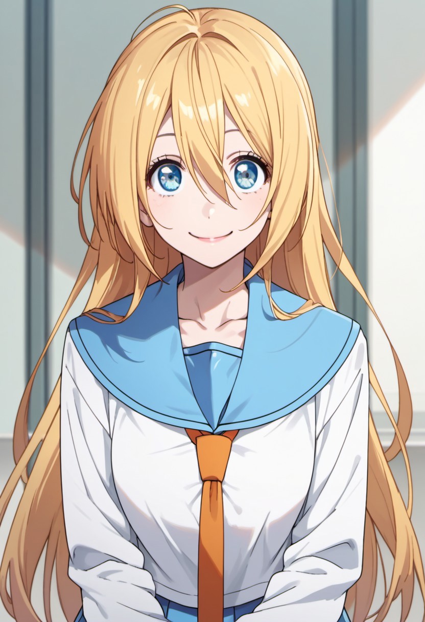 score_9, score_8_up, score_7_up, source_anime, kirisaki chitoge, long hair, blonde hair, blue eyes, 1girl, solo, school uniform, smile, necktie, orange necktie, serafuku, blue sailor collar, sailor collar, looking at viewer, hair between eyes, collarbone