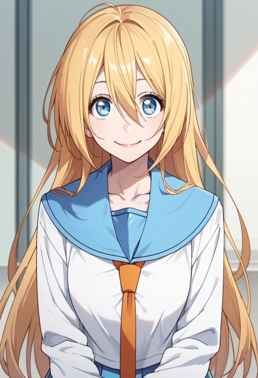 score_9, score_8_up, score_7_up, source_anime, kirisaki chitoge, long hair, blonde hair, blue eyes, 1girl, solo, school uniform, smile, necktie, orange necktie, serafuku, blue sailor collar, sailor collar, looking at viewer, hair between eyes, collarbone