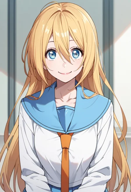 score_9, score_8_up, score_7_up, source_anime, kirisaki chitoge, long hair, blonde hair, blue eyes, 1girl, solo, school uniform, smile, necktie, orange necktie, serafuku, blue sailor collar, sailor collar, looking at viewer, hair between eyes, collarbone