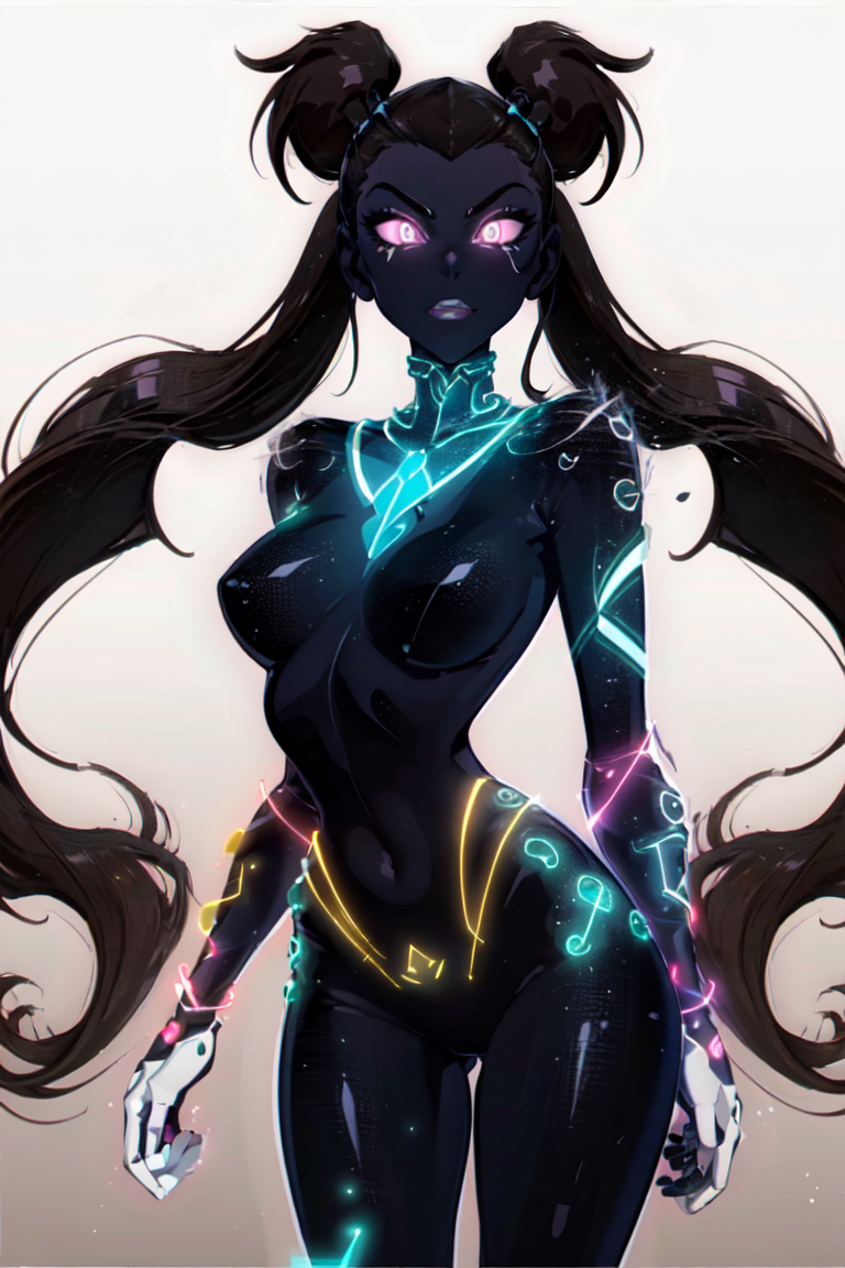 (MegaTrix:1.5), black hair, very long hair, purple skin, (twin tails), (glowing purple eyes), jewelry, body suit, (solid white background:1.5), (realistic:1.2), (masterpiece:1.2), (full-body-shot:1),(Cowboy-shot:1.2), warm lighting, (highly detailed:1.2),(detailed face:1.2), (gradients), colorful, detailed eyes, (natural lighting:1.2), solo, sfw,  <lora:add_detail:0.3> <lora:BeautifulEyes:0.6> <lora:WinxClubMegaTrix-10:0.9>