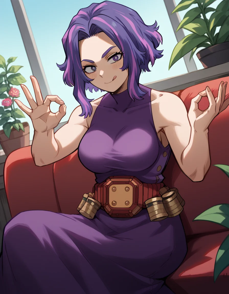 score_9, score_8_up, score_7_up, source_anime, <lora:kaina-tsutsumi-s5-ponyxl-lora-nochekaiser:1>, kaina tsutsumi, purple hair, pink hair, streaked hair, purple eyes, short hair, parted bangs, large breasts,, dress, purple dress, sleeveless, bare shoulders, skirt, purple skirt, belt,, gardening, watering plants, backyard, flowers blooming, sunny day,, smile, <lora:money-gesture-ponyxl-lora-nochekaiser:1>, money gesture, blush, sitting, couch, arm support, smile, tongue out, knee up, from above, looking at viewer, solo,, dutch angle, cowboy shot
