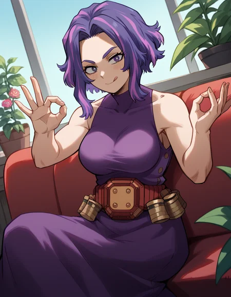 score_9, score_8_up, score_7_up, source_anime, <lora:kaina-tsutsumi-s5-ponyxl-lora-nochekaiser:1>, kaina tsutsumi, purple hair, pink hair, streaked hair, purple eyes, short hair, parted bangs, large breasts,, dress, purple dress, sleeveless, bare shoulders, skirt, purple skirt, belt,, gardening, watering plants, backyard, flowers blooming, sunny day,, smile, <lora:money-gesture-ponyxl-lora-nochekaiser:1>, money gesture, blush, sitting, couch, arm support, smile, tongue out, knee up, from above, looking at viewer, solo,, dutch angle, cowboy shot