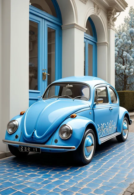 Bluepatternporcelain Beetle car,old car hybrid,side view,sculpture ,pastel blue paint,hyperrealistic,