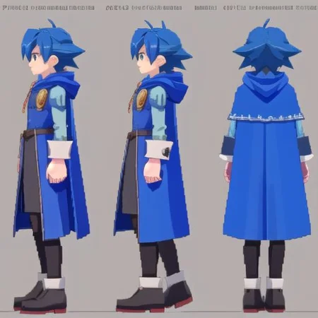 megaman_legends, lowpoly, PS1, PSX, pixelated, model sheet, simples background, chara-sheet, 3D, man, blue hair, mage, cape with hood, mage uniform, gothic style, medieval fantasy