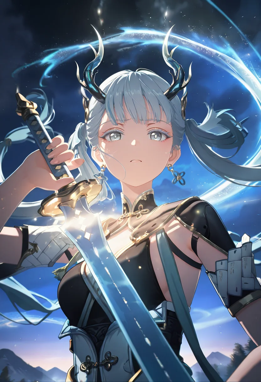 masterpiece,best quality,amazing quality,very aesthetic,absurdres,newest,scenery,
1girl, jinxsi, grey eyes, focused on eye, downward gaze, weary expression, eyelashes, white hair, twintails, antler horns,long hair, echo2 dress, upper body, floating hair, colorful theme, looking at viewer,earrings,
from below,dutch angle, (holding sword, holding large sword, blue energy swir:1.2)l , dramatic highlights, backlit illumination, ethereal glow,
magical atmosphere, swirling energy, light waves, face highlights, sparkling particles,mountain, dynamic lighting, ambient light .
<lora:Jinxsi IL v2:0.8>