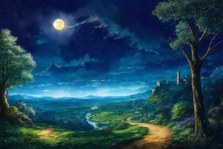 walled city in the distance, forested hills, small moon, clouds, creek, (rough dirt path:1.1), watercolor, night, stars, dark lighting, <lora:FantasyLandscape:.7>, <lora:epi_noiseoffset2:.4>, thick woodlands,