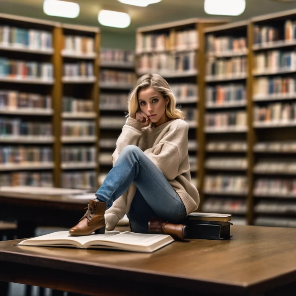 (best quality), (masterpiece), ultra-detailed, illustration, a scene involving one tiny (miniature:1.4) woman, looking at viewer, 30 year old, (huge loose oversized sweatshirt and loose jeans), (piercings), huge brown leather boots, 1girl, tiny, minigirl, miniature woman standing on a table, library, reading book, dynamic light, long blonde hair,Canadian face, 8k uhd, dslr, soft lighting, high quality, film grain, Fujifilm XT3, sharp focus, F/8.0, (long shot:1.2), <lora:shrunken:1.2>