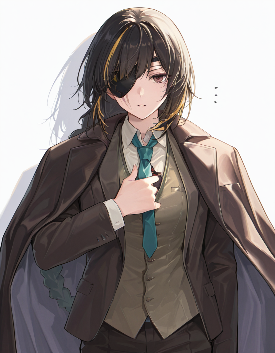 Volumetric Lighting, (masterpiece), (best quality), (ultra-detailed), masterpiece, source_anime, score_9, score_8_up, score_7_up BREAK, illustration, disheveled hair, detailed eyes, perfect composition, moist skin, intricate details, detailed eyes, detailed face, detailed fingers BREAK, brown eyes, black hair,streaked hair, blonde hair, very long braid, single braid, scar across eye BREAK, SpecialAgentGetNoDayOff, SAG_coat, coat on shoulders,SAG_white_shirt, SAG_necktie, SAG_vest, open blazer, SAG_blazer, SAG_pants, def_eyepatch, BREAK, (((white background))), looking at viewer,1girl,solo, standing,shadow, fixing necktie