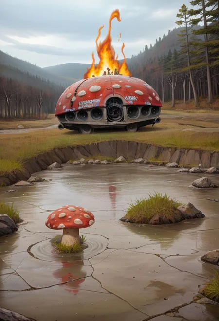 picturesque lake surrounded by a forest but is in a polluted dystopian landscape, in the foreground there is lake sign with the text" Croeso y llyn gellynoth. Oes yn y cont Iwan dewch wow."text:" <lora:text:.8>, human fecal matter on the floor in small piles, puddle of human waste wasteland, <lora:falloutlandsdxl:0.8>,  falloutlandsdxl, epic landscape, best quality, masterpiece, award-winning, mushroom cloud, fire, retro-futuristic ruined car,