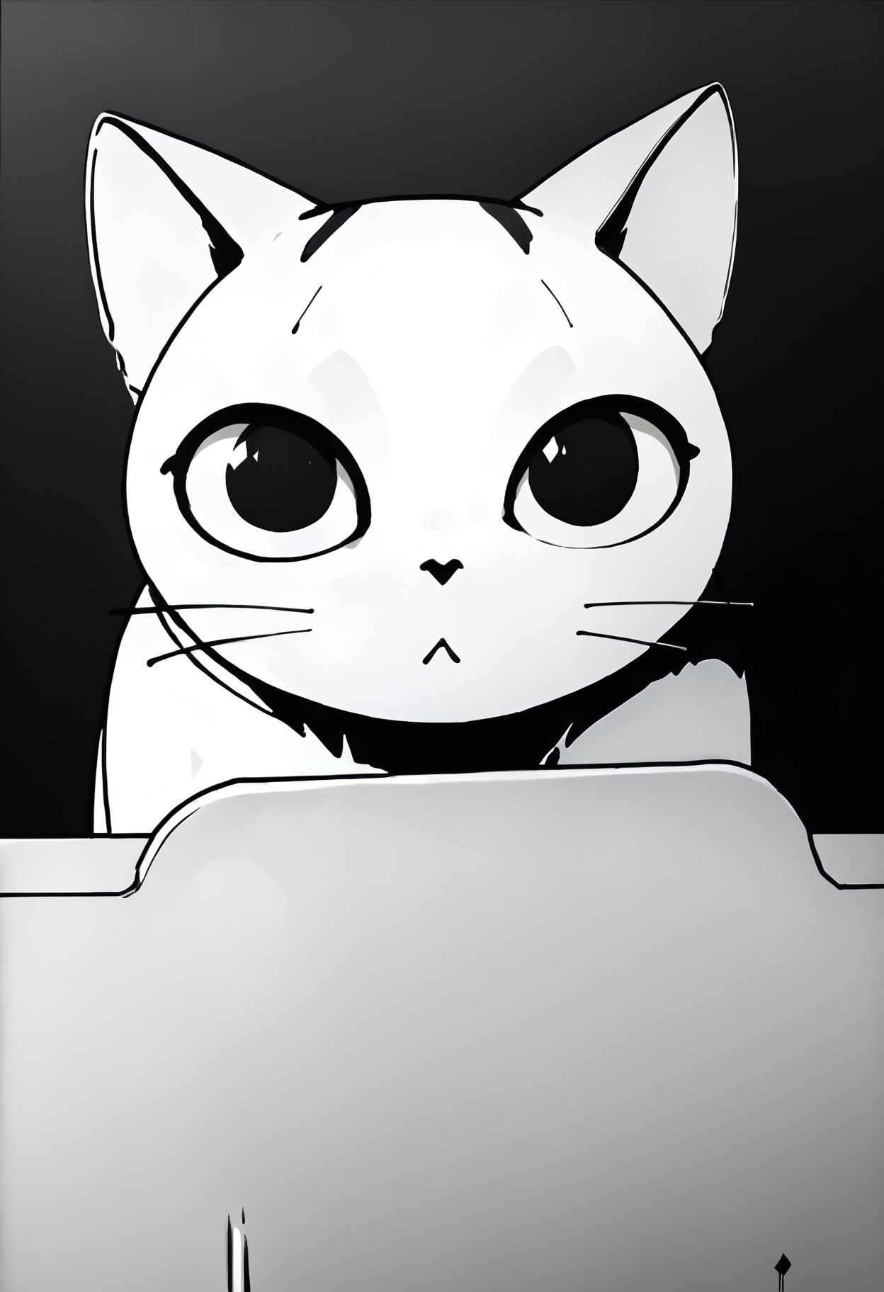 monochrome,
ChiYamada, cat, black eyes, no humans, desk, dark background,
score_9,score_8_up,score_7_up, 
 <lora:Potat_dark_ink_v1_monochrome-cut:1> <lora:ChamChiYamadaPonyXL:1>