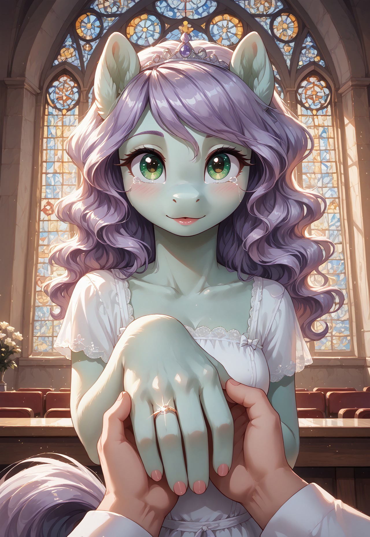 masterpiece, score_9_up, score_8_up, score_7_up, score_6_up, source_pony, (best quality:1.1), ultra-detailed, high resolution, solo, highly detailed macro illustration BREAK 1girl, anthro, pony, (big beautiful green eyes:1.3), long eyelashes, (light purple soft wavy hair), light green fur, (cute expression, cute face:1.3), Tears of joy, (tears), tail, looking at viewer, wedding dress, silver tiara BREAK close-up, low angle, face closeup <lora:wedding-ring-ponyxl-lora-nochekaiser:1> wedding ring, marriage proposal, pov, pov hands, hand grab BREAK indoors, stained glass, church, arch BREAK sharp focus, perfect lighting, anatomically correct, extremely detailed, high detail, detailed background, OverallDetail, zPDXL3, good_hands