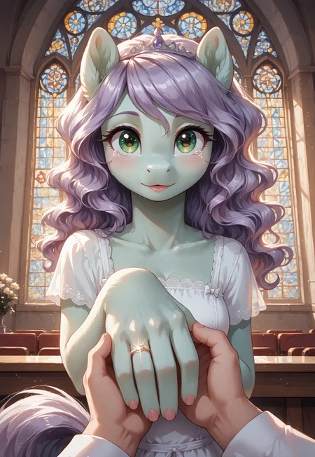 masterpiece, score_9_up, score_8_up, score_7_up, score_6_up, source_pony, (best quality:1.1), ultra-detailed, high resolution, solo, highly detailed macro illustration BREAK 1girl, anthro, pony, (big beautiful green eyes:1.3), long eyelashes, (light purple soft wavy hair), light green fur, (cute expression, cute face:1.3), Tears of joy, (tears), tail, looking at viewer, wedding dress, silver tiara BREAK close-up, low angle, face closeup <lora:wedding-ring-ponyxl-lora-nochekaiser:1> wedding ring, marriage proposal, pov, pov hands, hand grab BREAK indoors, stained glass, church, arch BREAK sharp focus, perfect lighting, anatomically correct, extremely detailed, high detail, detailed background, OverallDetail, zPDXL3, good_hands