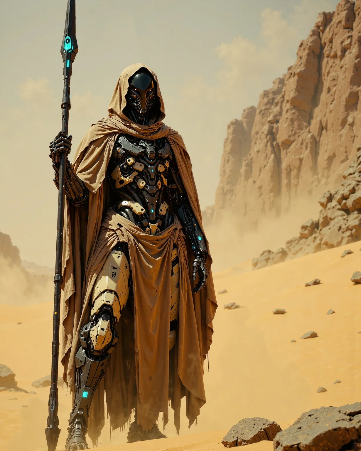 A close-up cinematic portrait of a masculine Articyborg nomad, cloaked and armored in a futuristic reinterpretation of Tusken Raider desert attire — layered, tattered fabrics and flowing wraps adapted into advanced, sand-toned biomechanical robes, seamlessly integrated with weathered cybernetic plating and subtle glowing circuits. His armor features translucent, wind-worn surfaces reminiscent of crystalized sand, with minimal but elegant tech markings and dust-blasted metallic edges. Tubes and vents are woven discreetly into the outfit like ritual garb fused with survival tech.
He is holding a towering biomechanical staff-spear — a long weapon forged from organic alloy and alien circuitry, its surface covered in glowing engraved runes and shifting segments that hint at hidden tech. The staff end crackles faintly with plasma energy, like a restrained storm waiting to strike. It’s both weapon and relic — ceremonial, yet built to kill.
His face is mostly concealed by a high-tech breathing apparatus and layered desert wrappings, revealing only piercing, glowing black eyes — soulless yet expressive — that cut through the blowing sand with silent intensity. The design blends ancient desert mysticism with post-singularity biomechanical intelligence.
Setting: A vast, rocky, arid wasteland, void of any vehicles or artificial structures. Jagged cliffs and wind-sculpted boulders rise from the barren sand. The color palette is sun-bleached ochre, rusted brown, and ash gray, with fine dust coating every surface. No signs of civilization — only nature and decay.
A roaring sandstorm rips through the landscape — whipping sands, stinging particles, torn fabrics flowing wildly in the wind. Visibility is low, with swirling dust clouds creating a dynamic, apocalyptic atmosphere. The Articyborg stands calm in the chaos, his silhouette outlined by the violent motion of the storm.
Isolation, resilience, forgotten technology, ancient survival. A techno-mystic warrior traversing the remains of a forgotten world. No machines, no cities — just him and the storm. Stillness inside motion. Intelligence inside raw nature.
cinematic framing and dynamic composition. Hyper-detailed fabrics, biomechanical armor embedded in robes, sharp contrasts between skin, metal, and cloth. The sandstorm adds motion and energy, fabric tearing through the air in streaks, soft glow from beneath the wrappings.
Muted desert tones — pale sand, sandstone, sun-scorched beige, with accents of burnt copper and faint cyan lights from embedded tech. Soft lighting from a hidden sun behind the storm clouds.
Simulated large format cinematic film still look. ISO 100, f/2.8, 1/250s shutter, shallow depth of field to isolate the character from the storm. Natural, diffused storm light. Fine grain for a grounded texture. Sharp focus on the character’s eyes and upper torso; the sandstorm swirls in softened chaos around him.