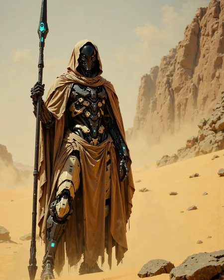 A close-up cinematic portrait of a masculine Articyborg nomad, cloaked and armored in a futuristic reinterpretation of Tusken Raider desert attire — layered, tattered fabrics and flowing wraps adapted into advanced, sand-toned biomechanical robes, seamlessly integrated with weathered cybernetic plating and subtle glowing circuits. His armor features translucent, wind-worn surfaces reminiscent of crystalized sand, with minimal but elegant tech markings and dust-blasted metallic edges. Tubes and vents are woven discreetly into the outfit like ritual garb fused with survival tech.
He is holding a towering biomechanical staff-spear — a long weapon forged from organic alloy and alien circuitry, its surface covered in glowing engraved runes and shifting segments that hint at hidden tech. The staff end crackles faintly with plasma energy, like a restrained storm waiting to strike. It’s both weapon and relic — ceremonial, yet built to kill.
His face is mostly concealed by a high-tech breathing apparatus and layered desert wrappings, revealing only piercing, glowing black eyes — soulless yet expressive — that cut through the blowing sand with silent intensity. The design blends ancient desert mysticism with post-singularity biomechanical intelligence.
Setting: A vast, rocky, arid wasteland, void of any vehicles or artificial structures. Jagged cliffs and wind-sculpted boulders rise from the barren sand. The color palette is sun-bleached ochre, rusted brown, and ash gray, with fine dust coating every surface. No signs of civilization — only nature and decay.
A roaring sandstorm rips through the landscape — whipping sands, stinging particles, torn fabrics flowing wildly in the wind. Visibility is low, with swirling dust clouds creating a dynamic, apocalyptic atmosphere. The Articyborg stands calm in the chaos, his silhouette outlined by the violent motion of the storm.
Isolation, resilience, forgotten technology, ancient survival. A techno-mystic warrior traversing the remains of a forgotten world. No machines, no cities — just him and the storm. Stillness inside motion. Intelligence inside raw nature.
cinematic framing and dynamic composition. Hyper-detailed fabrics, biomechanical armor embedded in robes, sharp contrasts between skin, metal, and cloth. The sandstorm adds motion and energy, fabric tearing through the air in streaks, soft glow from beneath the wrappings.
Muted desert tones — pale sand, sandstone, sun-scorched beige, with accents of burnt copper and faint cyan lights from embedded tech. Soft lighting from a hidden sun behind the storm clouds.
Simulated large format cinematic film still look. ISO 100, f/2.8, 1/250s shutter, shallow depth of field to isolate the character from the storm. Natural, diffused storm light. Fine grain for a grounded texture. Sharp focus on the character’s eyes and upper torso; the sandstorm swirls in softened chaos around him.