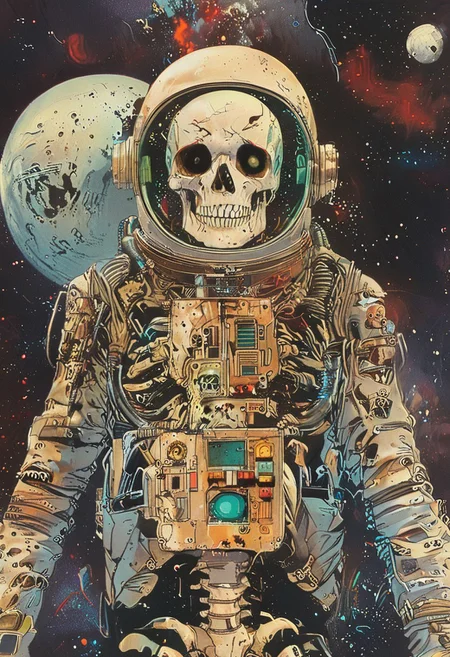 score_9,score_8_up,score_7_up, ((masterpiece,best quality)),absurdres, full body view, distant view, 3/4 view, John Harris Style page, style of Simon Bisley, Simone Martini Style, space_space, dead astronaut, skeleton in a space suit, torn rusty dirty white american space suit, cracked space suit helmet visor,skull in helmet, glass shards, floating through space, space stars galaxy background,
