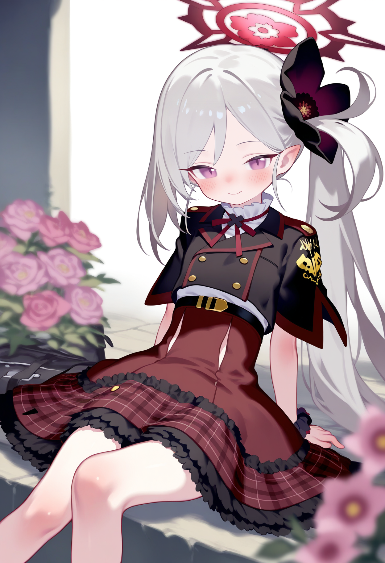 E_0x0194_type3,
mutsuki (blue archive), 1girl, solo, flower, halo, side ponytail, smile, purple eyes, skirt, frilled skirt, long hair, looking at viewer, red skirt, frills, hair ornament, closed mouth, sitting, red halo, shirt, short sleeves, grey hair, black jacket, plaid, black flower, pointy ears, feet out of frame, jacket, plaid skirt, red ribbon, scrunchie, black scrunchie, pink flower, hair flower, blush, rose, neck ribbon, high-waist skirt, hair scrunchie, ribbon, white shirt, white hair, very long hair, blurry foreground, blurry
, masterpiece, best quality, good quality, 
<lora:ai_styles_collection_noob_vpred-1.0-v6-edm2-pass:1>