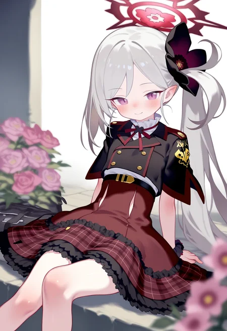 E_0x0194_type3,
mutsuki (blue archive), 1girl, solo, flower, halo, side ponytail, smile, purple eyes, skirt, frilled skirt, long hair, looking at viewer, red skirt, frills, hair ornament, closed mouth, sitting, red halo, shirt, short sleeves, grey hair, black jacket, plaid, black flower, pointy ears, feet out of frame, jacket, plaid skirt, red ribbon, scrunchie, black scrunchie, pink flower, hair flower, blush, rose, neck ribbon, high-waist skirt, hair scrunchie, ribbon, white shirt, white hair, very long hair, blurry foreground, blurry
, masterpiece, best quality, good quality,
<lora:ai_styles_collection_noob_vpred-1.0-v6-edm2-pass:1>