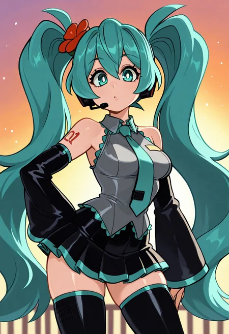 ((masterpiece, best quality)), insaneres, absurdres, solo, looking at viewer,
MainOutfit_HatsumeMiku_ownwaifu,
1girl, aqua eyes, aqua hair, hatsune miku, twintails, very long hair, hair ornament, bangs, hair between eyes, headphones, headset, shoulder tattoo, medium breasts, shiny hair, number tattoo, eyelashes, bright pupils,
detached sleeves, sleeveless shirt, bare shoulders, black sleeves, aqua necktie, collared shirt, black skirt, pleated skirt, grey shirt, miniskirt, black thighhighs, zettai ryouiki, long sleeves, wide sleeves, sleeves past wrists, frills, wing collar,
(contrapposto, hand on hip), sunset, sidelighting, <lora:ANIME_HatsumeMiku_ownwaifu:1>,
depth of field, light particles,