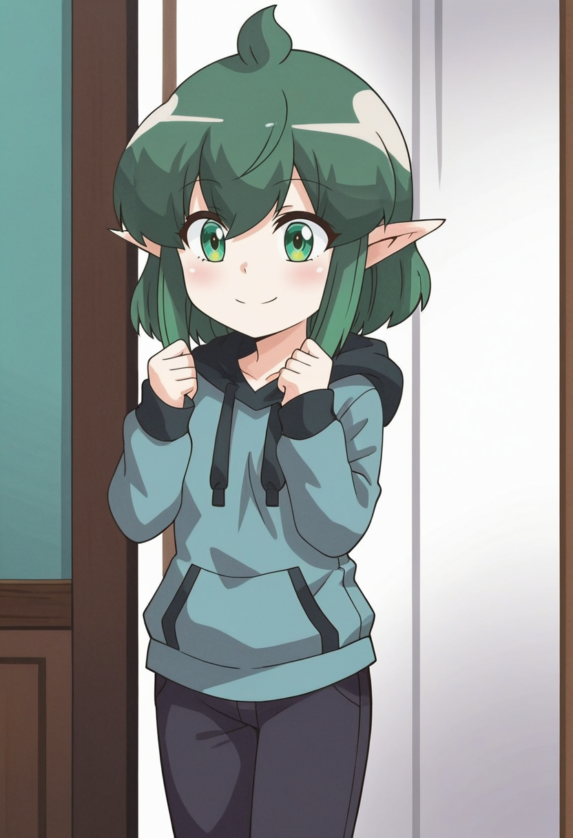 source_anime,anime screencap, anime coloring,intricate details,rating_safe, masterpiece, best quality,
(best quality, absurd res, ultra detailed),,(4 finger:0.5),1girl, ((solo)), good eyes,perfect eyes,,detailed eyes, zPDXLxxx , zPDXL3,detailed, detailed face
BREAK
solo,indoors,standing,front view,
Soah, green eyes, green hair, ahoge, long sidelocks, short hair, pointy ears,
hoodie, black pants,
smile, 
, <lora:add-detail-xl:2>  <lora:Soah:0.8>