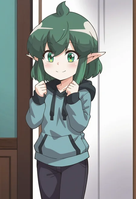 source_anime,anime screencap, anime coloring,intricate details,rating_safe, masterpiece, best quality,
(best quality, absurd res, ultra detailed),,(4 finger:0.5),1girl, ((solo)), good eyes,perfect eyes,,detailed eyes, zPDXLxxx , zPDXL3,detailed, detailed face
BREAK
solo,indoors,standing,front view,
Soah, green eyes, green hair, ahoge, long sidelocks, short hair, pointy ears,
hoodie, black pants,
smile, 
, <lora:add-detail-xl:2>  <lora:Soah:0.8>