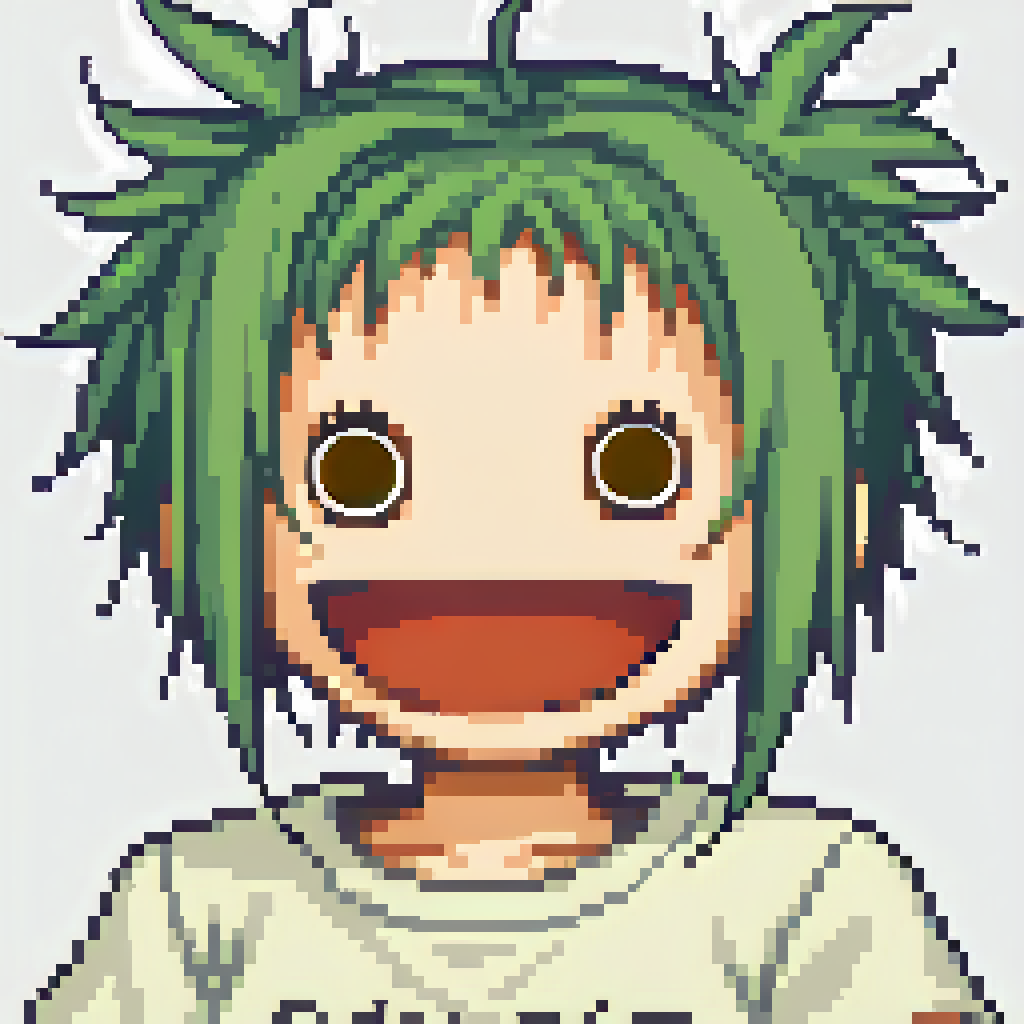 score_9, score_8_up, score_7_up, BREAK source_anime, solo, <lora:NSPikariFace:1.1> NSPikariFace, open mouth, smile, big head, empty eyes, short hair, twintails, green hair, <lora:zs_FEGBAPortraitsXL:1> fegbaportraits, portrait, white background, t-shirt