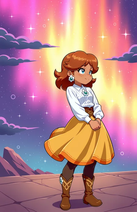 1girl, solo, <lora:Daikin:1> dkn,
Princess Daisy, brown hair, medium hair, freckles, tan-skinned female, classic western outfit, collared blouse, flared skirt, pantyhose, boots, floral pin, (medium shot), taming a wild beast, detailed face, located in a magical scene at a mystical floating island during starlit night with magical aurora weather, illuminated by radiant beams, creating a majestic,mystical atmosphere, extremely detailed, highres, masterpiece, best quality