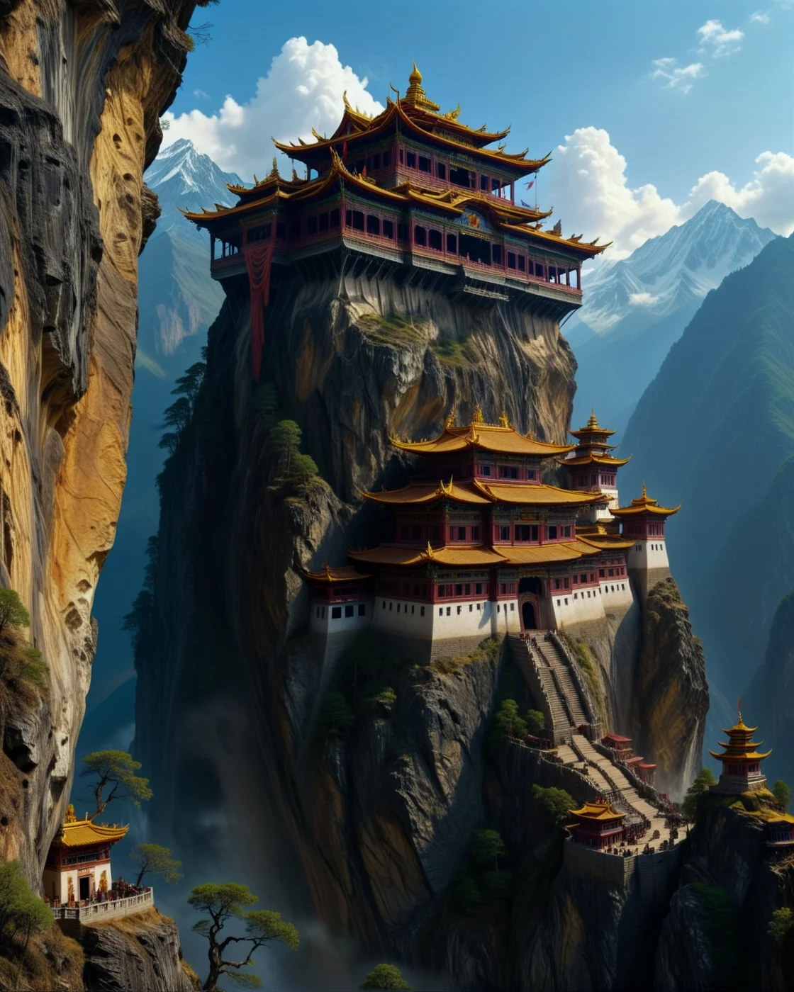 dark fantasy Bhutanese dzongs perched on cloud-wrapped cliffs, dragon banners snapping,Mountain dawn: Lenticular saucers stacked like UFO motherships over peaks,
random group of travelers in landcscape,
<lora:ral-dark-fantasy-il:0.8>,mythology,
<lora:extremely_detailed:4> extremely detailed,
<lora:add-detail-xl:1.1>,
detailxl