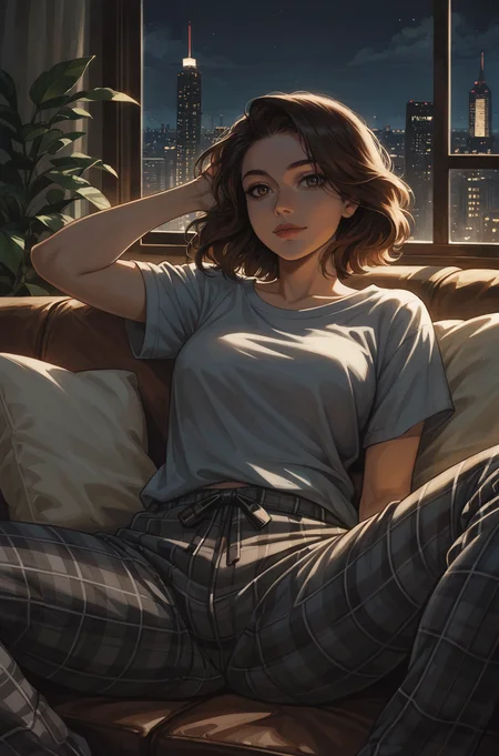 score_9_up, score_8_up, score_7_up, best quality, ultra highres, Casual, shiny skin, detailed, detailed background,
1girl, NYC apartment environment, (dark, by night:1.5) , modern theme, dim city lights visible through large windows, lounging on a cozy couch, warm ambient lighting
BREAK
soft throw pillows and a knitted blanket on the couch, posters, brick wall, pipes, potted plants,
BREAK
1girl, medium hair, straight with a slight wave, chestnut brown hair, cozy style, loose grey t-shirt, plaid pajama pants, relaxed expression, lying on her side with one arm tucked under her head, spreading legs,
<lora:incase---1:0.3> <lora:DTLDR-2:1>