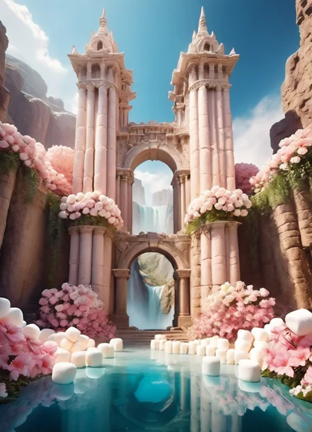 Abstract style Marshmallow, scenery, pink flower, water, waterfall, outdoors, day, blue sky, cloud, arch, mountain, pillar, tree, fantasy, building, detailed, color, light, clear, focus, dramatic, professional, cinematic, elegant, intricate, highly detail, very beautiful, stunning, symmetry, enhanced, rich, artistic, pure, surreal, superior
<lora:MarshmallowXL:1>, , <lora:FILM_PHOTOGRAPHY_STYLE:0.25> . Non-representational, colors and shapes, expression of feelings, imaginative, highly detailed