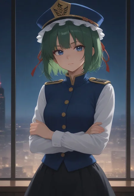 1girl, solo, solo focus, highres, absurdres, shikieiki, green hair, frilled hat, blue eyes, blue headwear, short hair,
long sleeves, black skirt, white shirt, blue vest, red ribbon, epaulettes, small breasts,
looking at viewer, crossed arms,
window, cityscape, neon lights, night, night sky, backlighting,