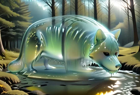 animal_guardian, wolf, black wolf, Wolf made out of black slime, black slime wolf in a forest, forest made out of slime, (((black slime)))
natural light, no bright spots, 
((translucent slime)), ((transparent slime)), made of water, (bioluminescent slime), sl1m3, slime, slime-morph, ais-blmn, saturated colors, no creatures, no humans, no monsters, no pokemon, scenery only, scenery, ral-lava, watce
