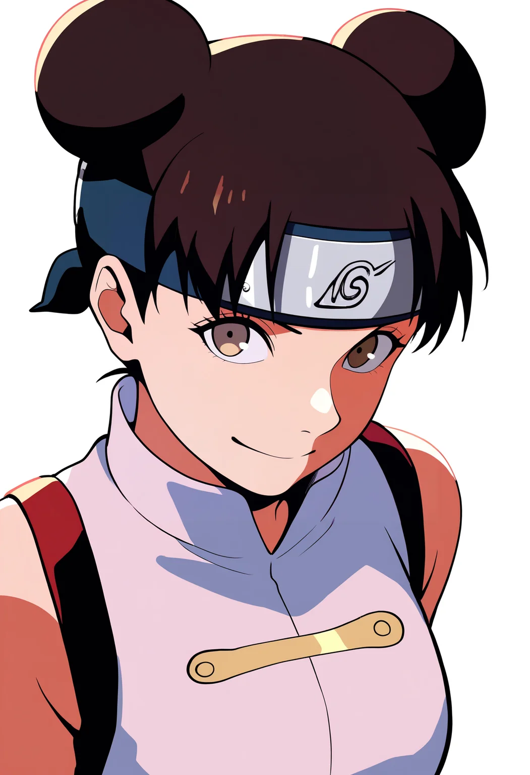 masterpiece, best quality, very aesthetic, absurdres,
1girl, ytenten, brown eyes, brown hair, short hair, double bun, forehead protector,
konohagakure symbol, bare shoulders, sleeveless shirt,
upper body, arms behind back,
smile, looking at viewer, solo, simple background, white background, <lora:TentenGeninNoobXL_byKonan:1>